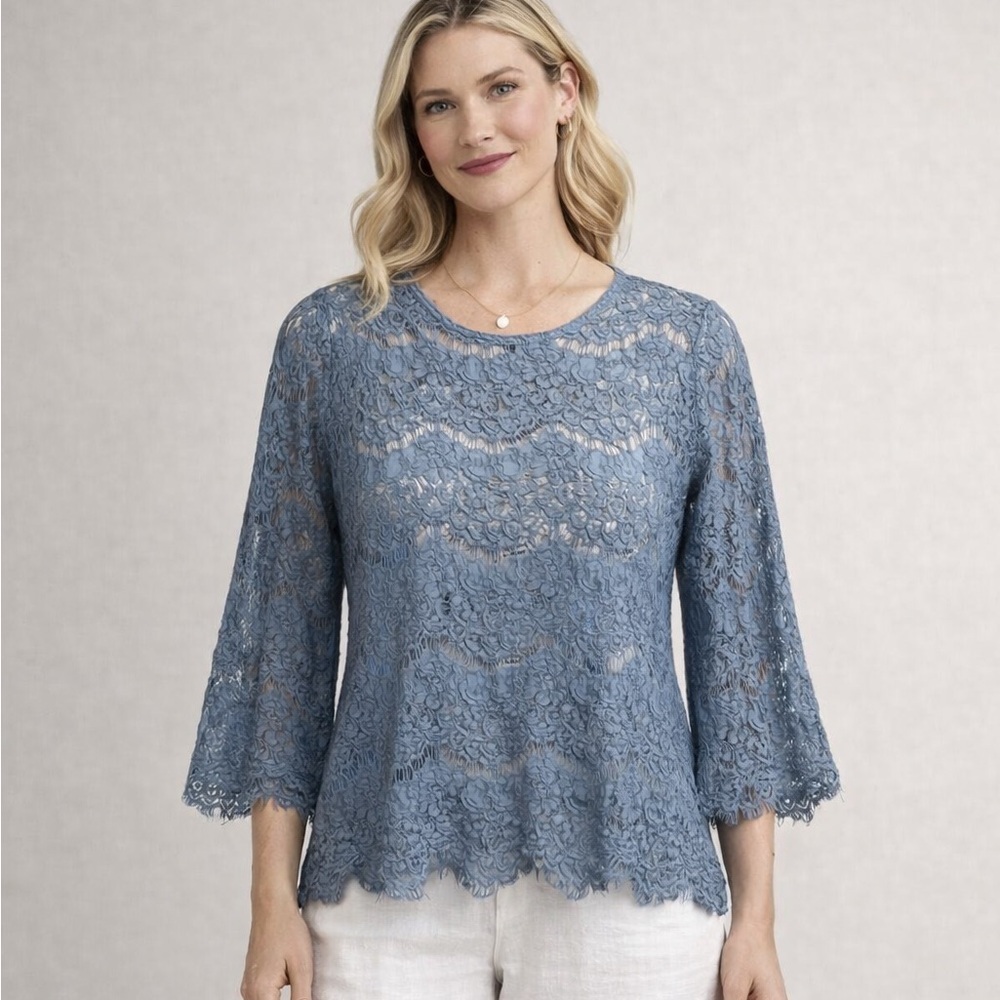 Lilly White Blue Lace Crochet Blouse S Sheer Boho Coquette Cottagecore Fairy